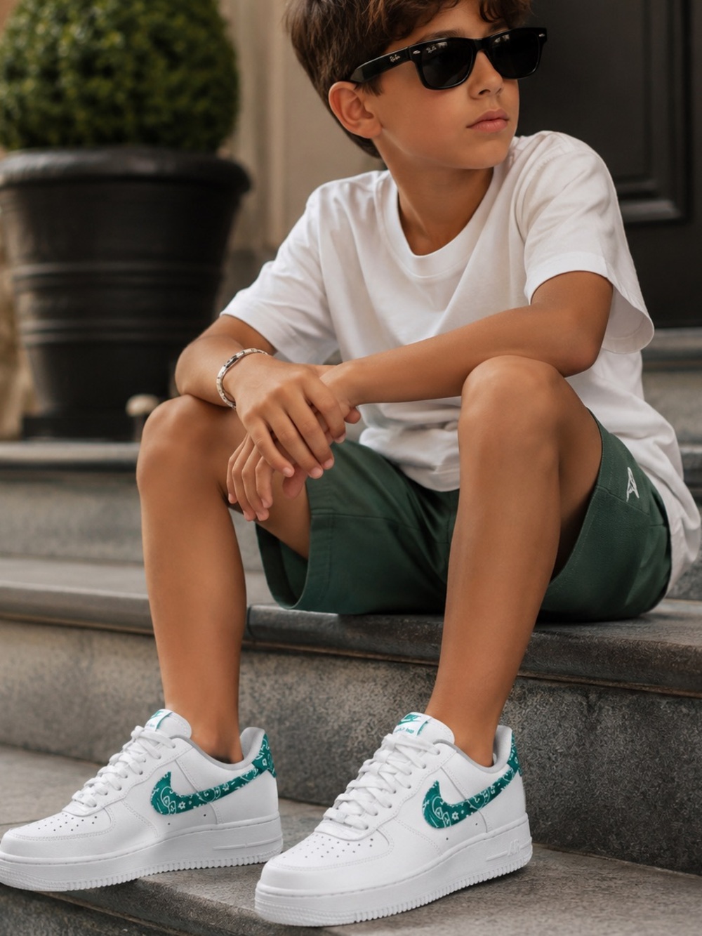 Nike White Sneakers exclusive Green bandana Swoosh size 3.5 kids or women’s 5.5